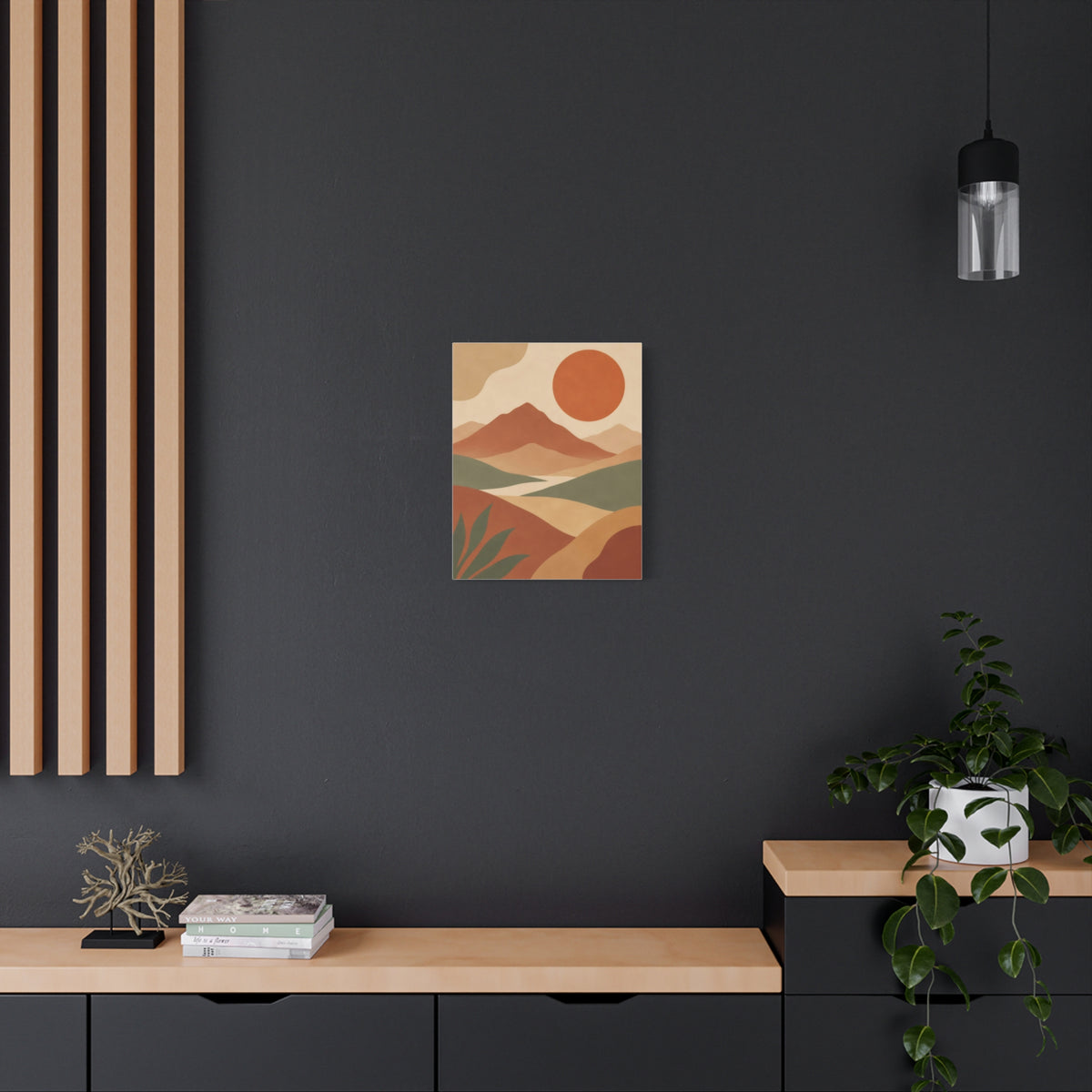 Boho Mountain Sun Canvas Wall Art - Mid-Century Terracotta Landscape Print