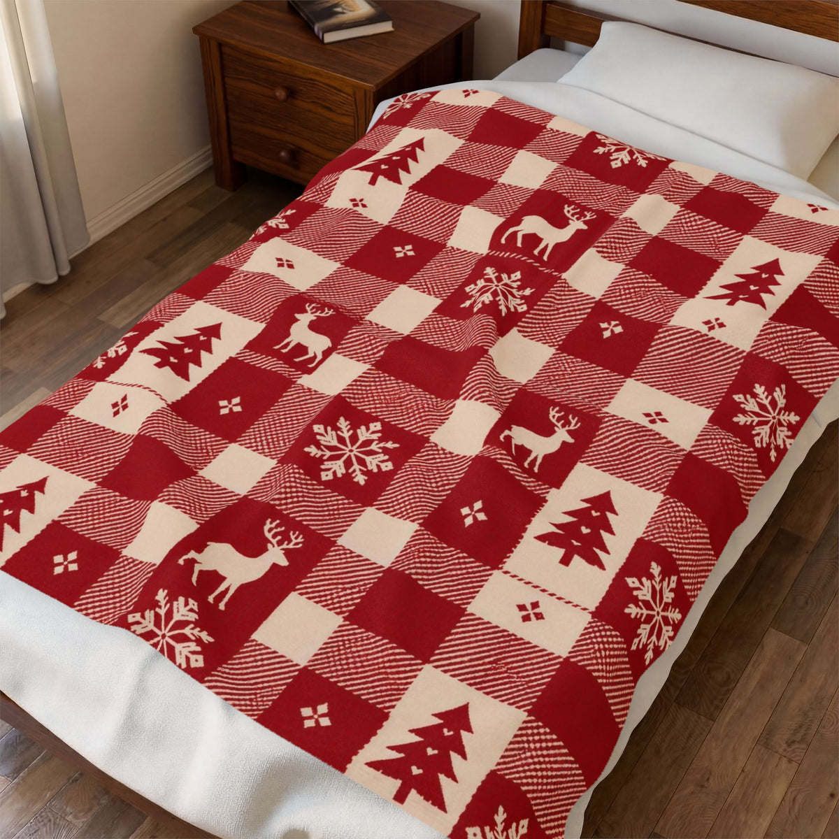 Nordic Christmas Plaid Plush Blanket - Red Buffalo Check Reindeer Throw