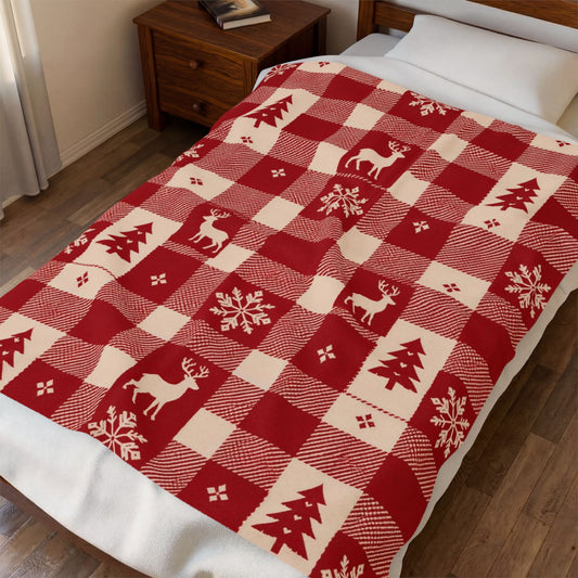 Nordic Christmas Plaid Plush Blanket - Red Buffalo Check Reindeer Throw