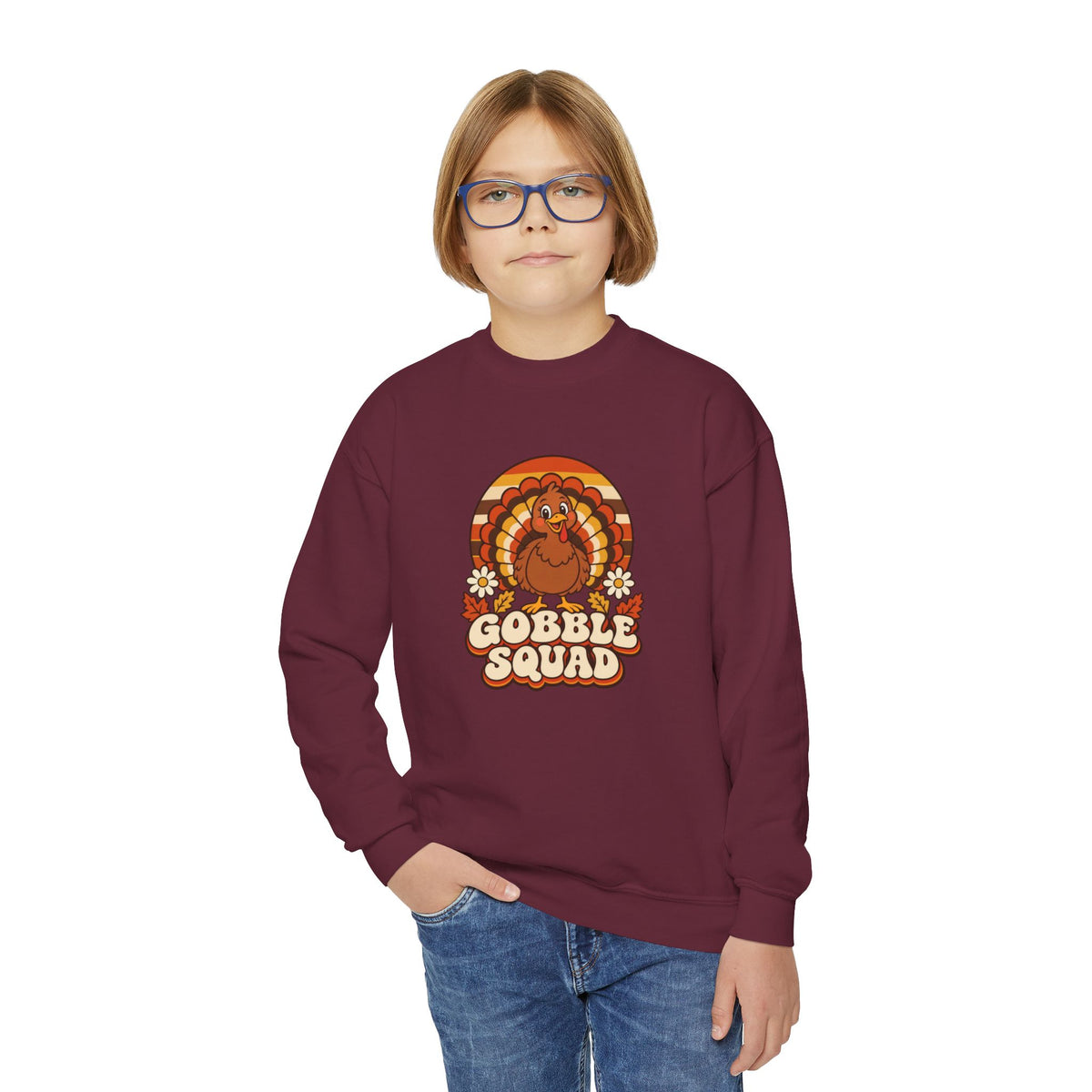 Gobble Squad Kids Thanksgiving Sweatshirt | Retro Turkey Youth Crewneck | Matching Family