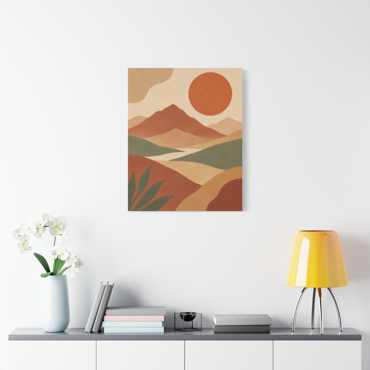 Boho Mountain Sun Canvas Wall Art - Mid-Century Terracotta Landscape Print