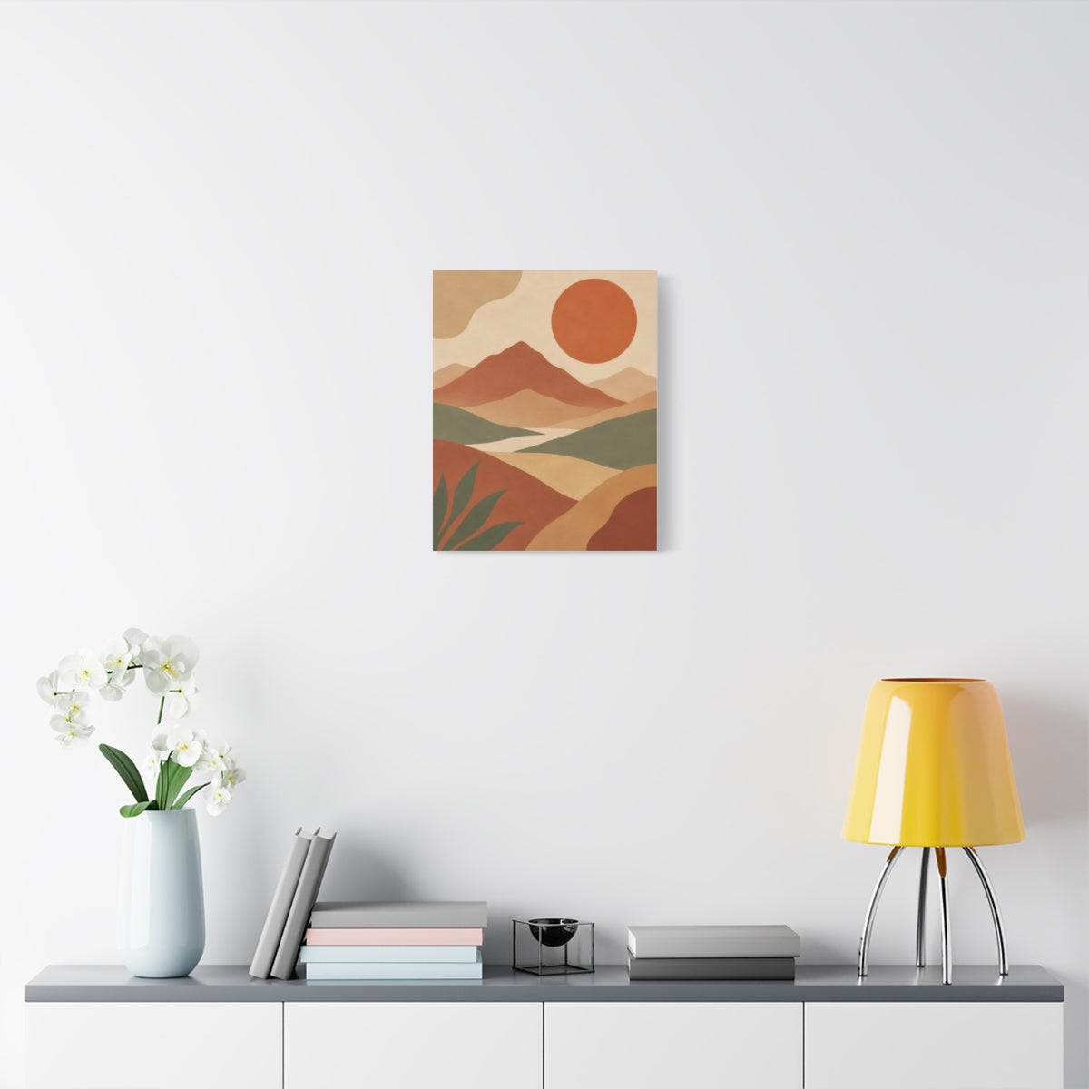 Boho Mountain Sun Canvas Wall Art - Mid-Century Terracotta Landscape Print