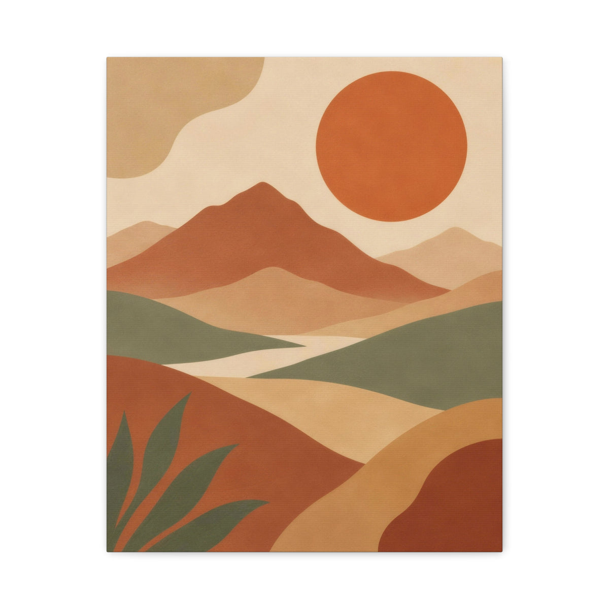 Boho Mountain Sun Canvas Wall Art - Mid-Century Terracotta Landscape Print