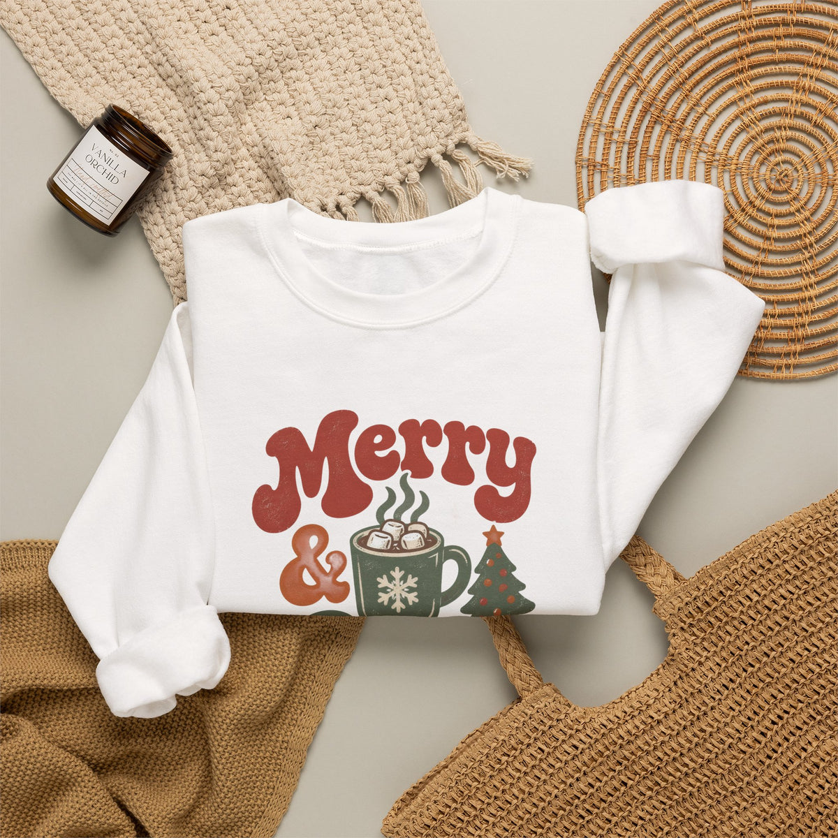 Merry & Cozy Christmas Sweatshirt - Retro Hot Cocoa Holiday Crewneck