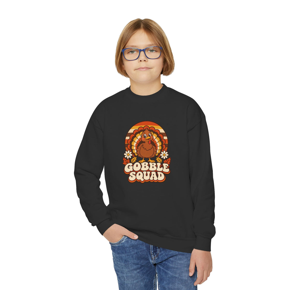 Gobble Squad Kids Thanksgiving Sweatshirt | Retro Turkey Youth Crewneck | Matching Family