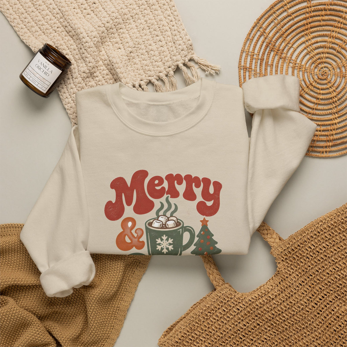 Merry & Cozy Christmas Sweatshirt - Retro Hot Cocoa Holiday Crewneck