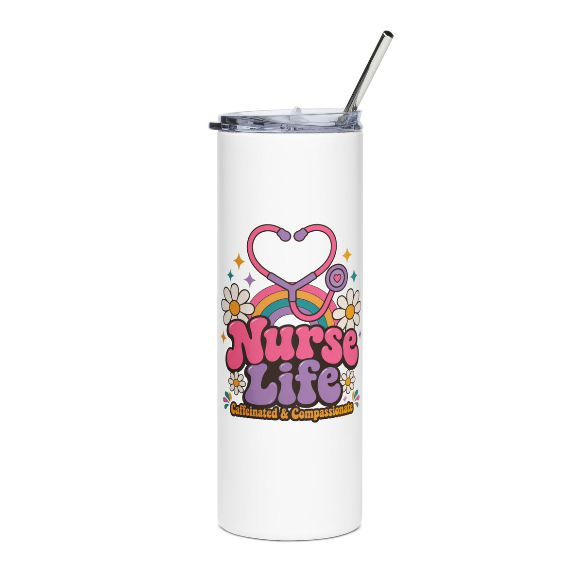 Nurse Life Stainless Steel Tumbler 20oz with Straw | Retro Groovy Nurse Gift