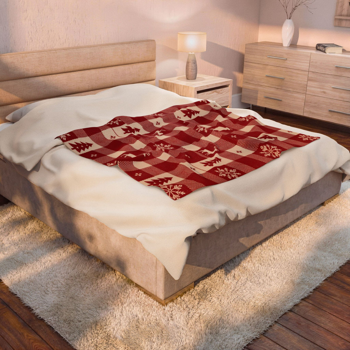 Nordic Christmas Plaid Plush Blanket - Red Buffalo Check Reindeer Throw