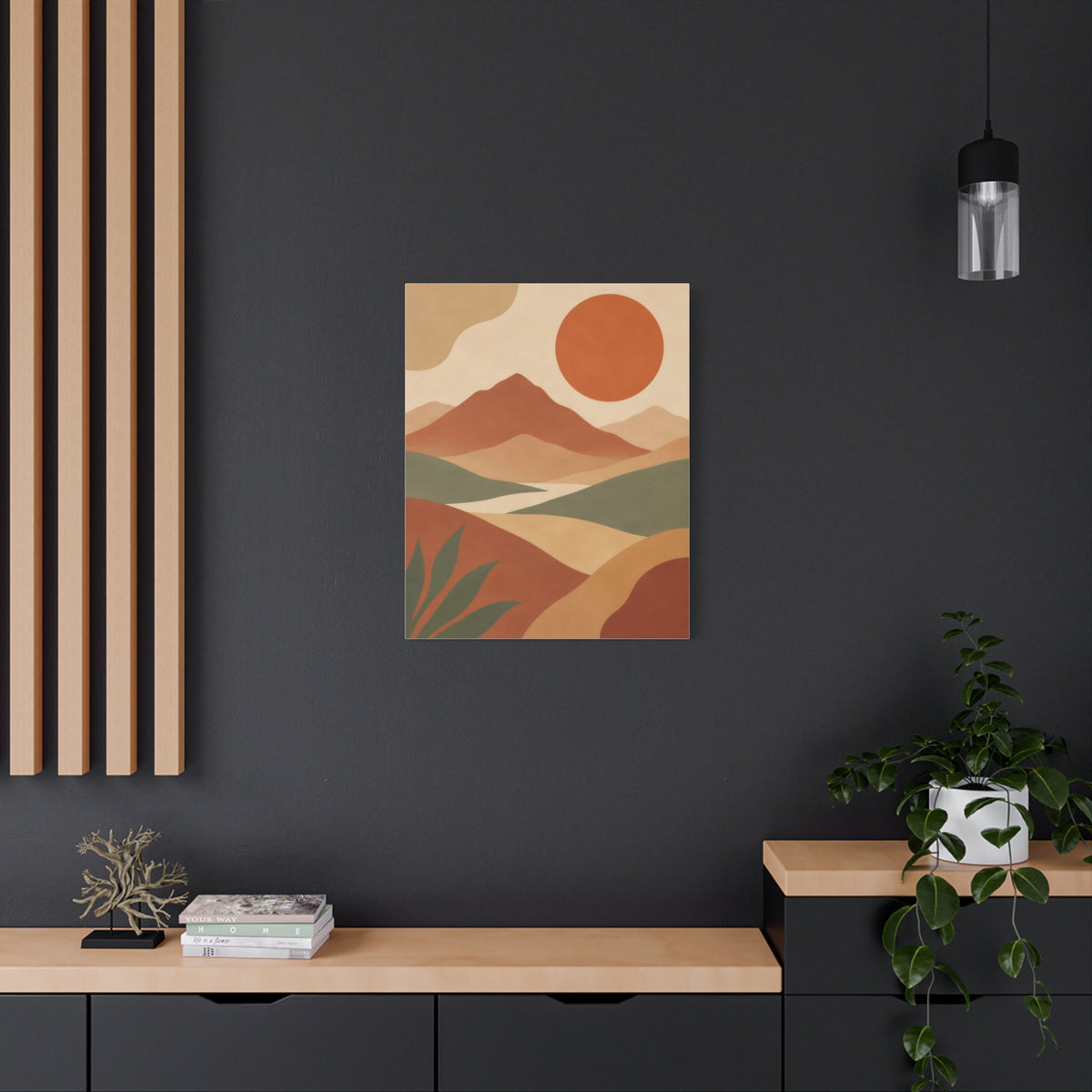 Boho Mountain Sun Canvas Wall Art - Mid-Century Terracotta Landscape Print