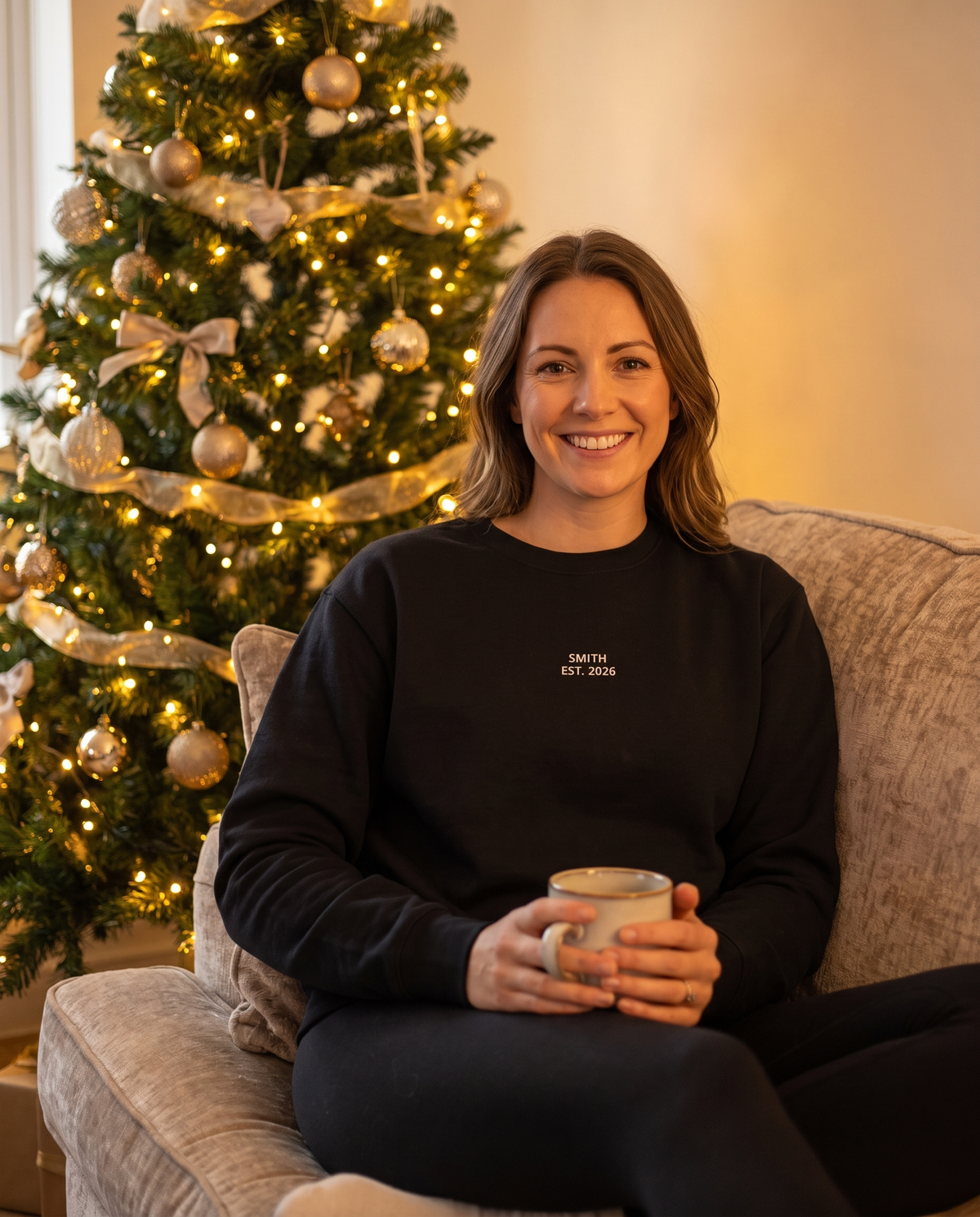 Woman wearing custom embroidered family name sweatshirt by Christmas tree