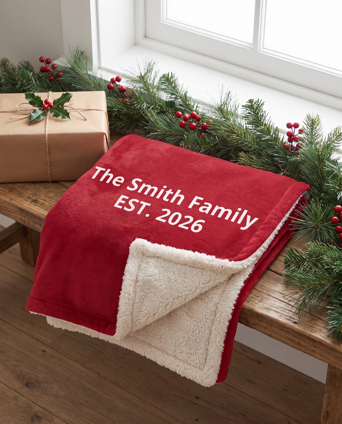Folded personalized sherpa blanket showing fleece underside