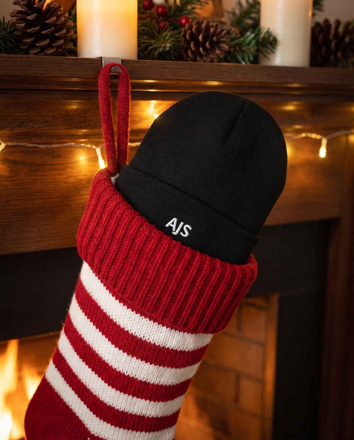 Embroidered monogram beanie in a Christmas stocking