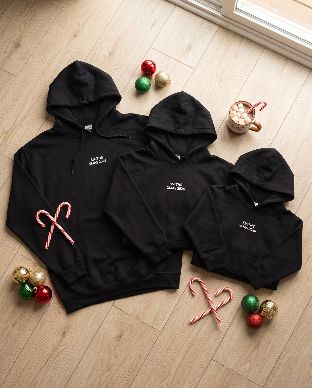 Matching family hoodies flat lay in three sizes