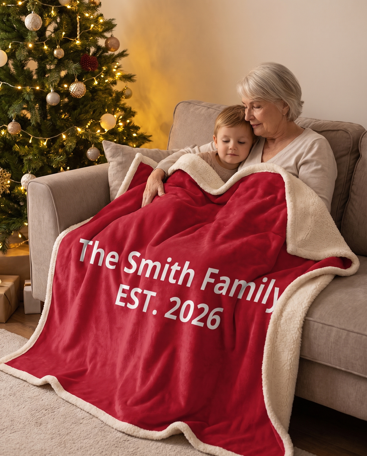 Grandmother and grandchild under personalized family name sherpa blanket