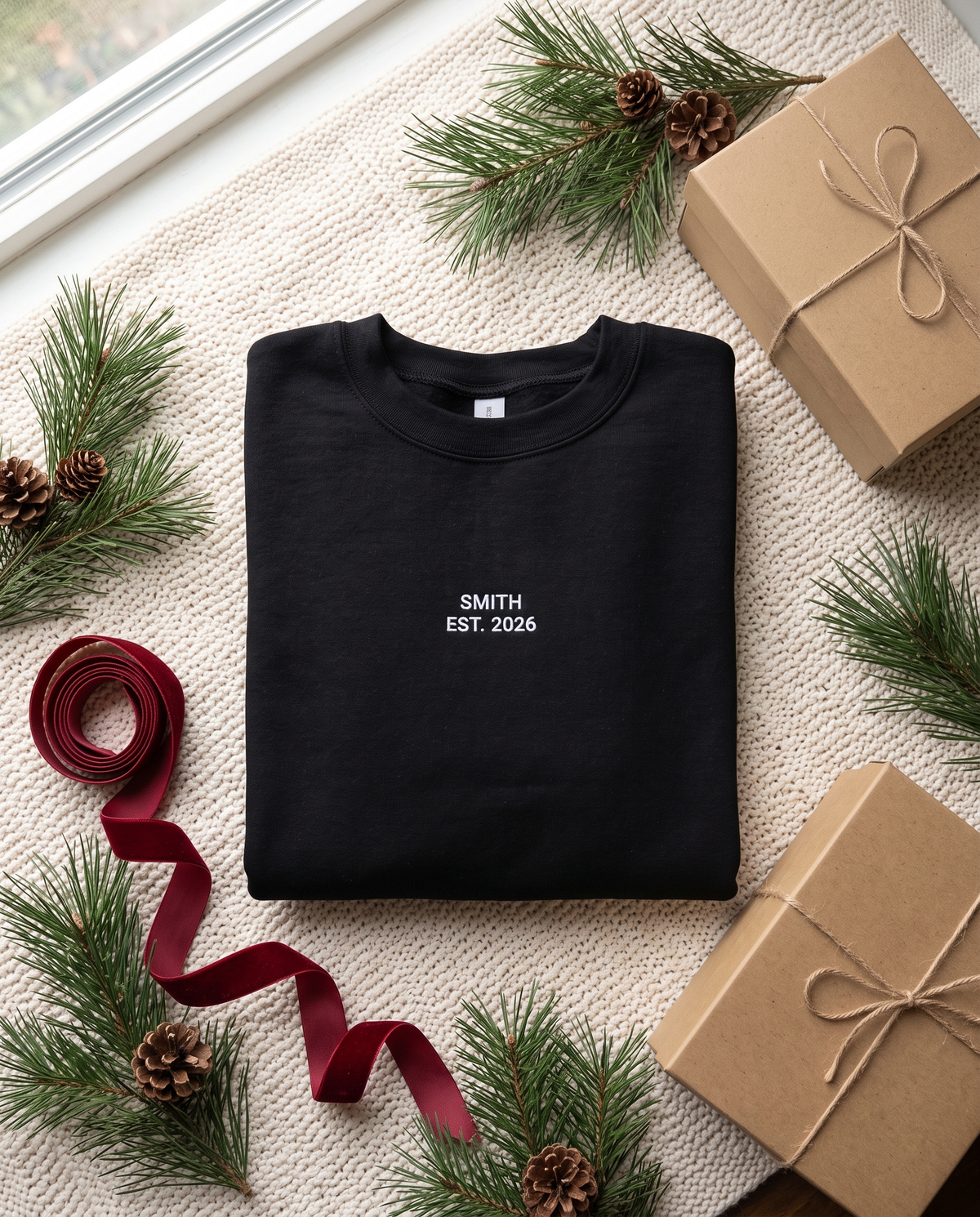 Close-up of embroidered SMITH EST. 2026 sweatshirt gift