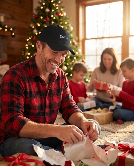 Dad wearing custom embroidered name hat on Christmas morning