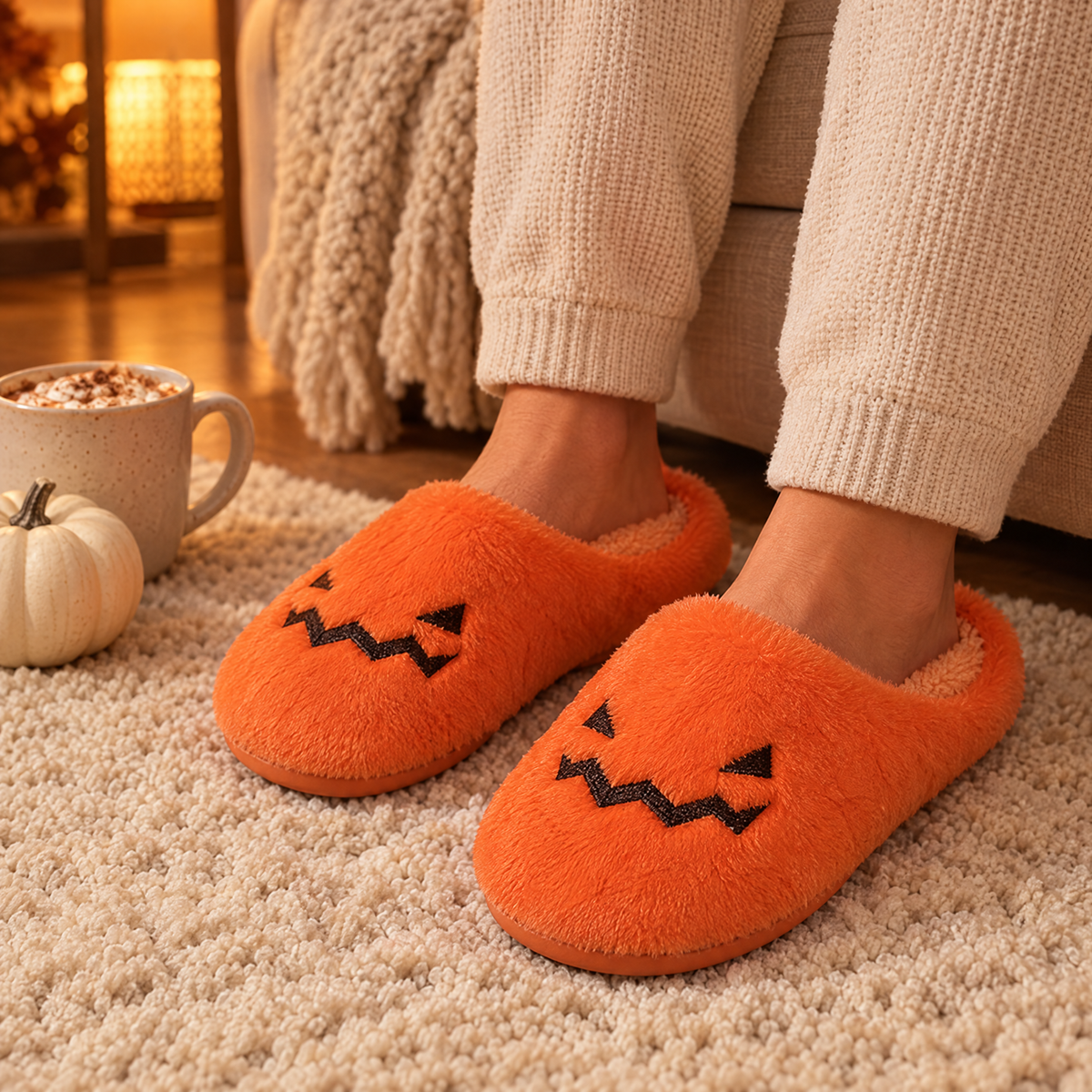 Feet wearing pumpkin face plush slippers on a cozy rug