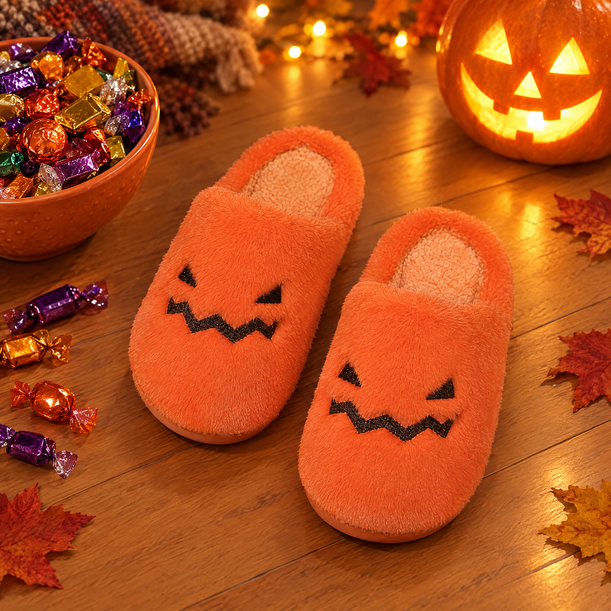 Jack-o'-lantern slippers with Halloween candy bowl and glowing pumpkin