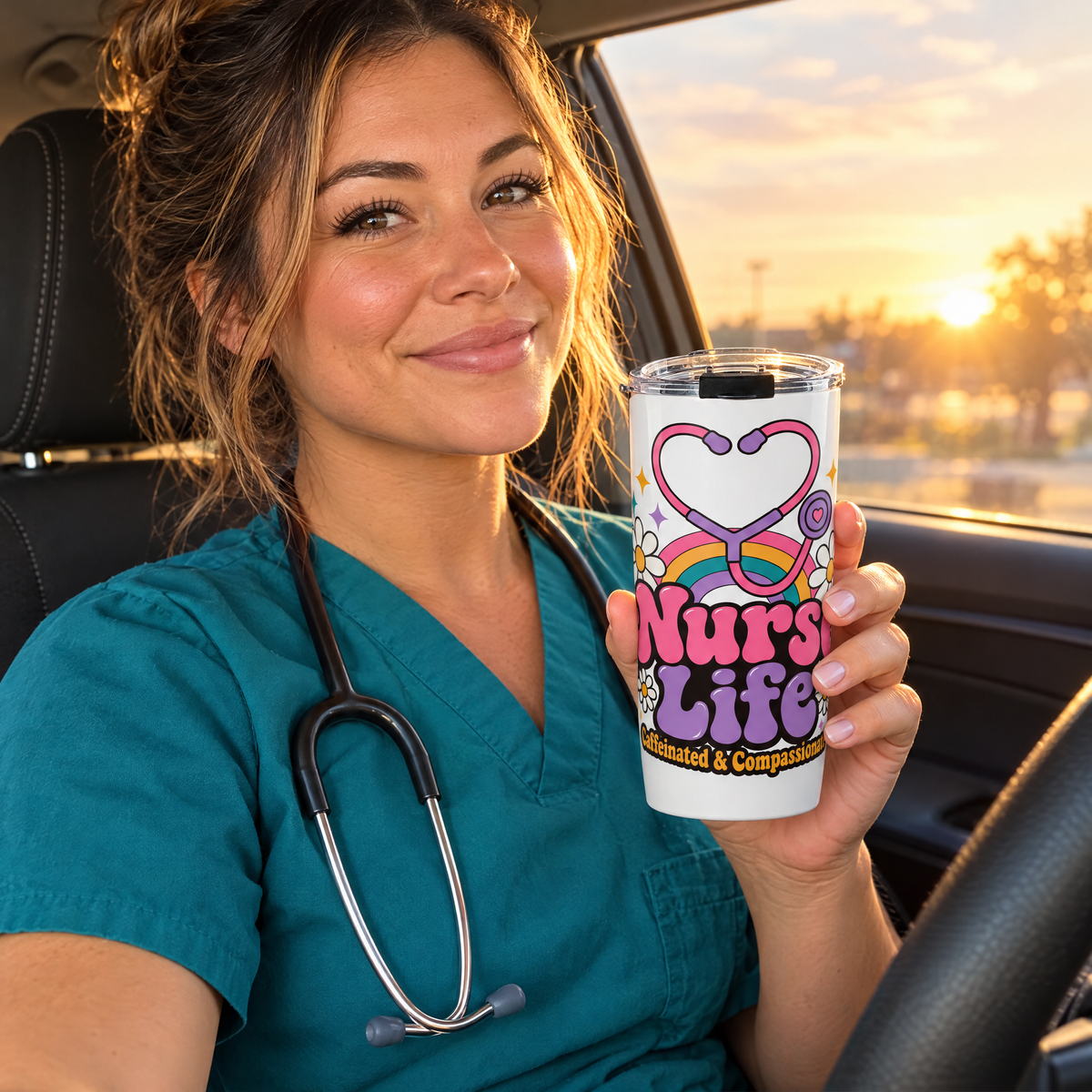 Nurse in teal scrubs holding the Nurse Life Caffeinated & Compassionate 20oz tumbler in her car at sunrise
