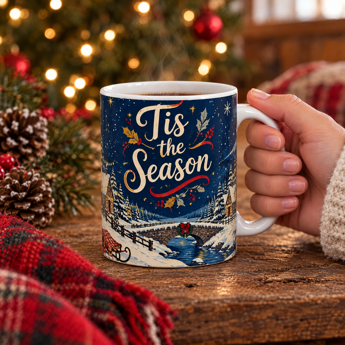 Tis the Season Christmas mug on a rustic table with Christmas tree lights, pinecones and plaid