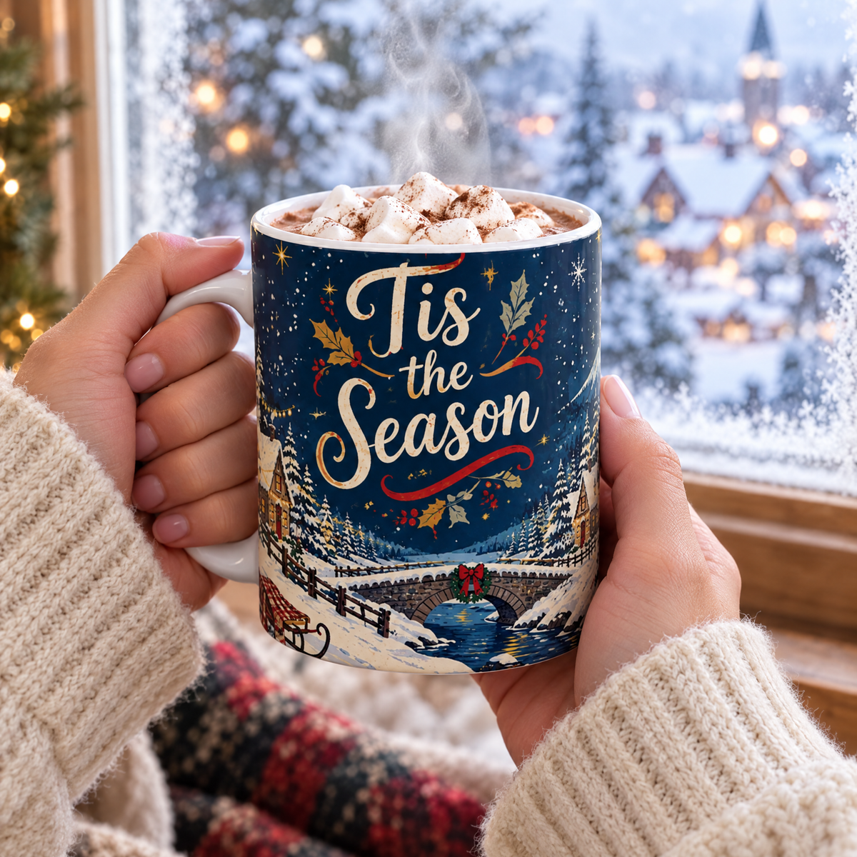 Hands in a knit sweater holding the Tis the Season snowy village mug of hot cocoa by a frosty window