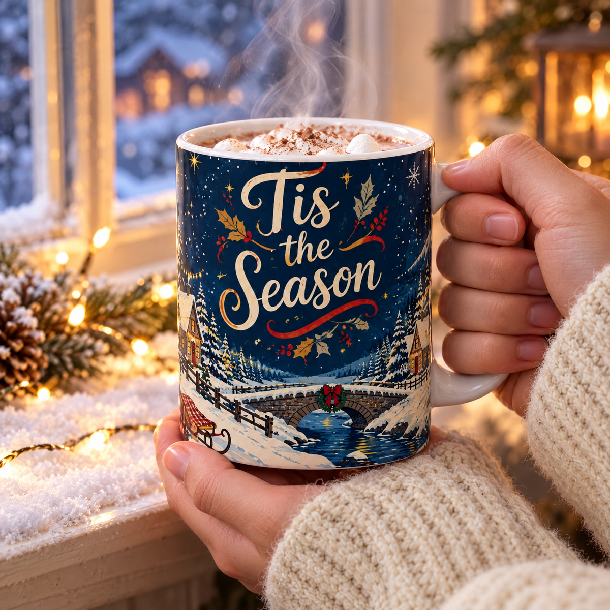 Tis the Season mug of steaming cocoa on a snowy windowsill with fairy lights