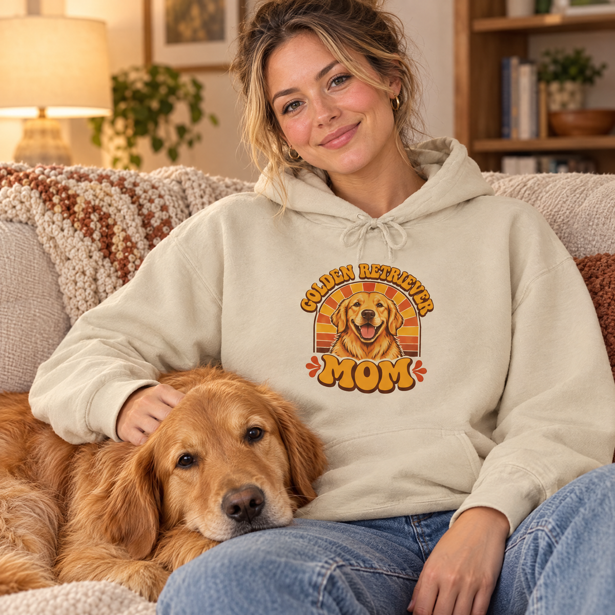 Woman in the Golden Retriever Mom hoodie relaxing on the couch with her golden retriever