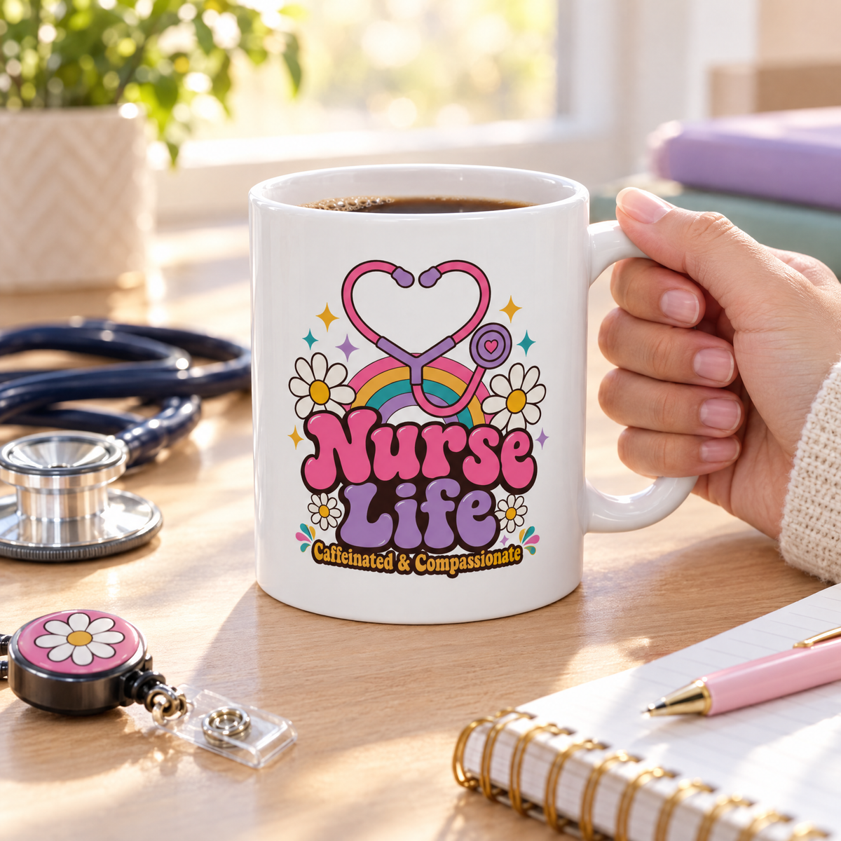 Nurse Life mug of coffee on a desk with a stethoscope, badge reel and notebook