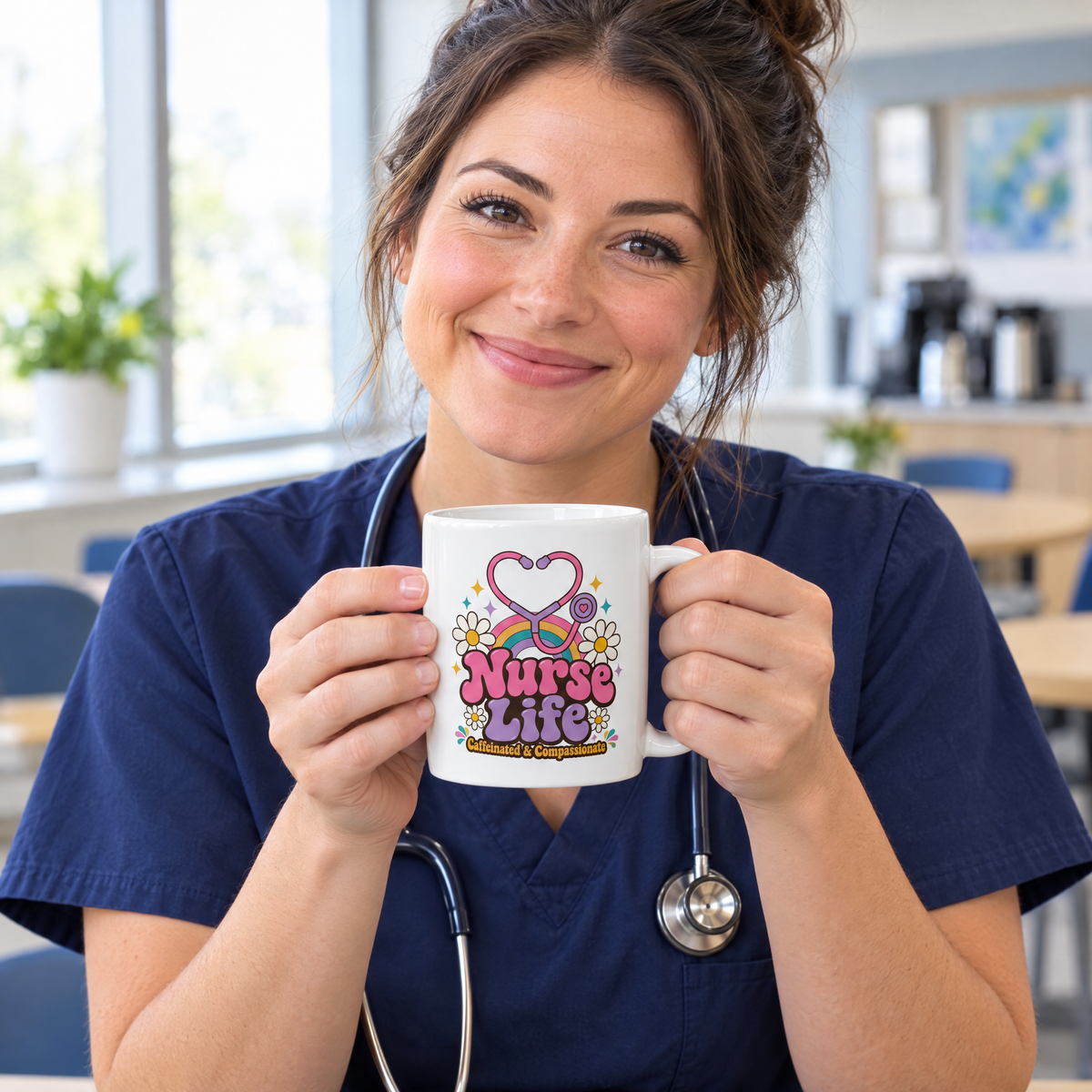 Nurse in navy scrubs smiling with the Nurse Life Caffeinated & Compassionate mug in the break room
