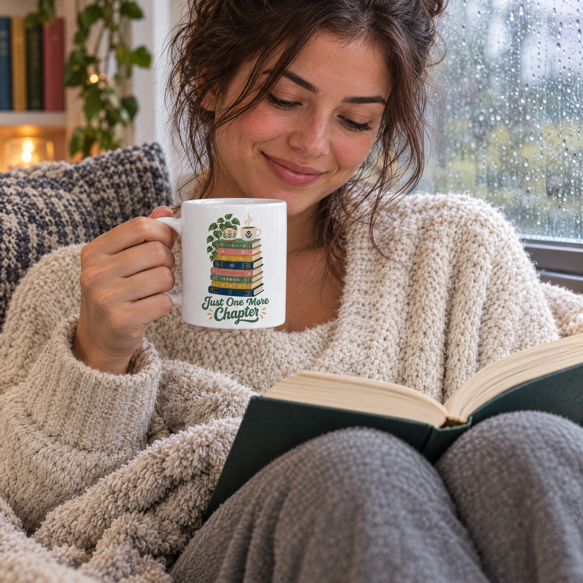 Woman reading in a cozy nook holding the Just One More Chapter book lover mug on a rainy day