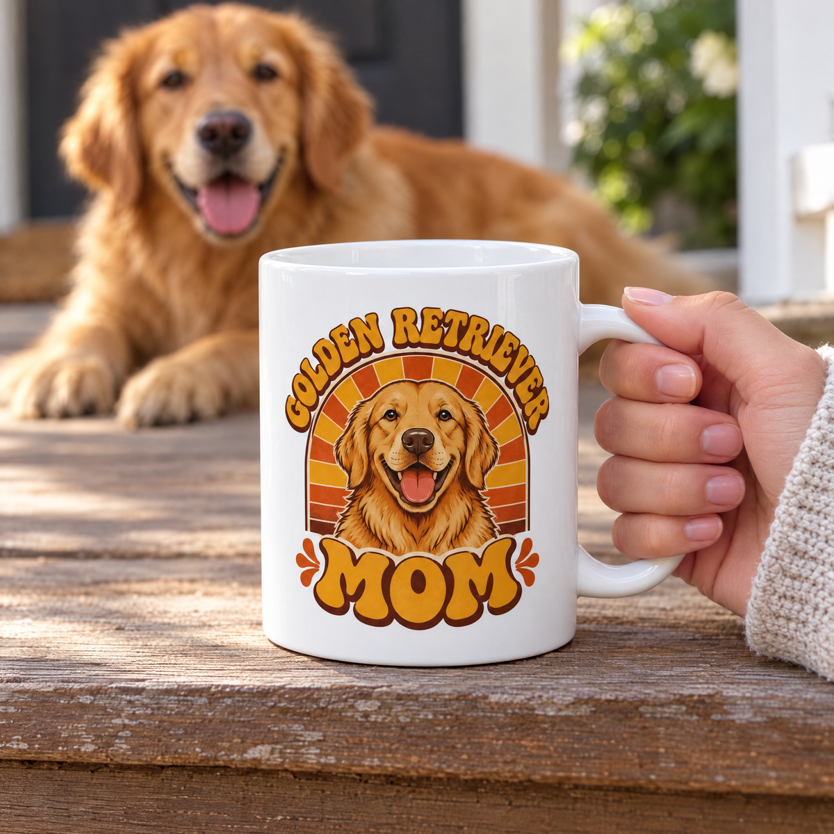 Golden Retriever Mom mug on a porch step with a golden retriever in the background
