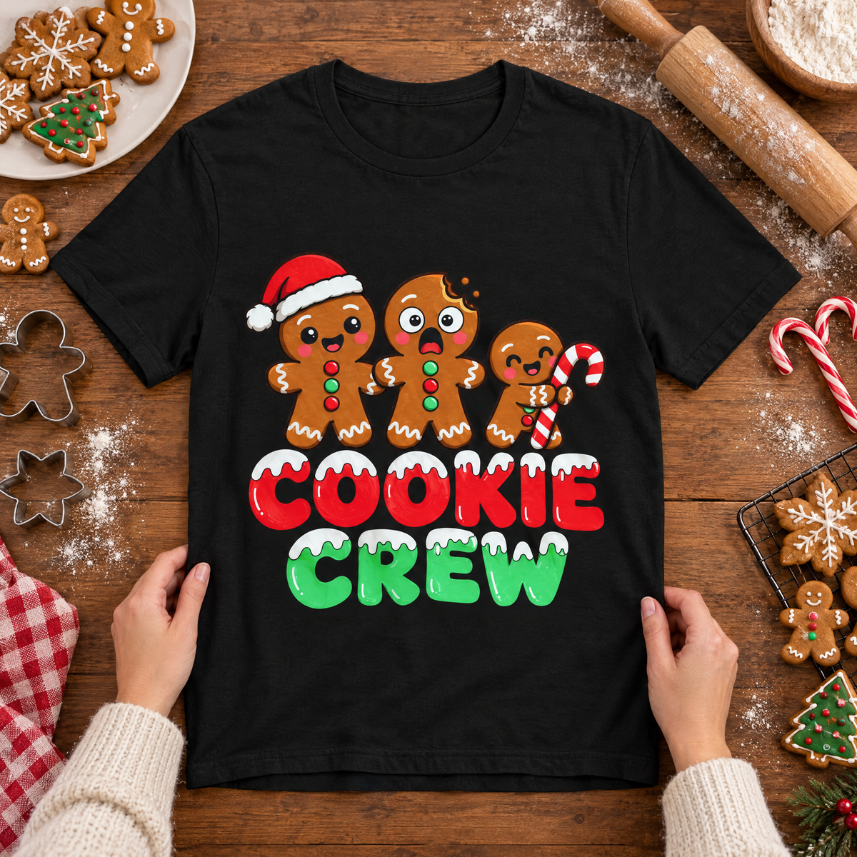 Cookie Crew gingerbread tee flat lay with cookies, rolling pin, cookie cutters and candy canes