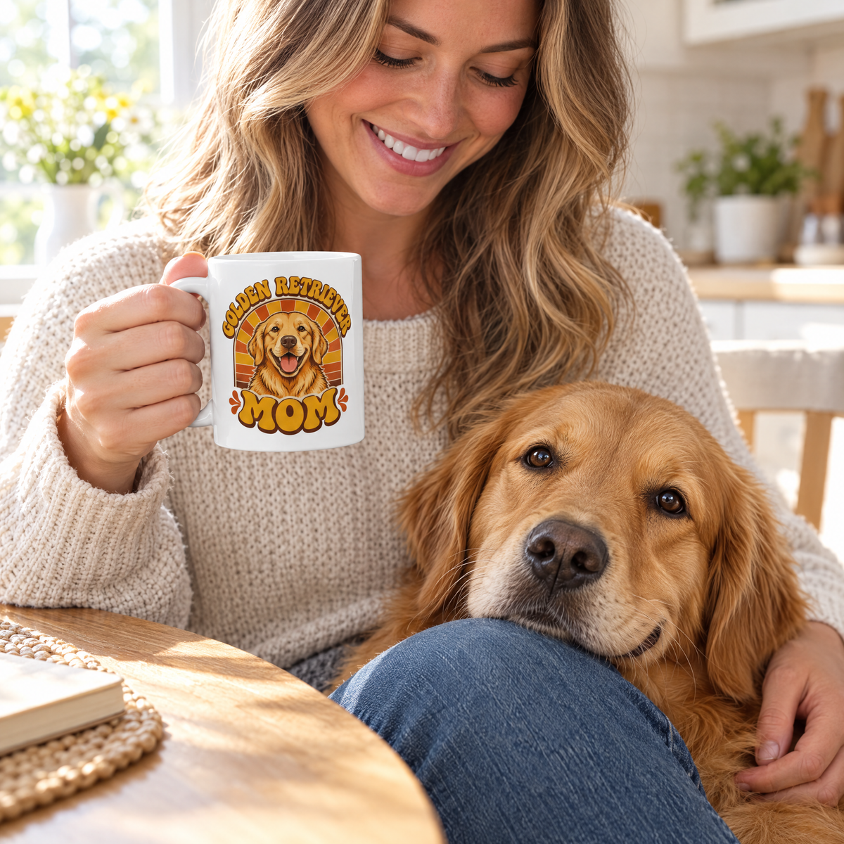 Woman holding the Golden Retriever Mom mug while her golden retriever rests its head on her knee