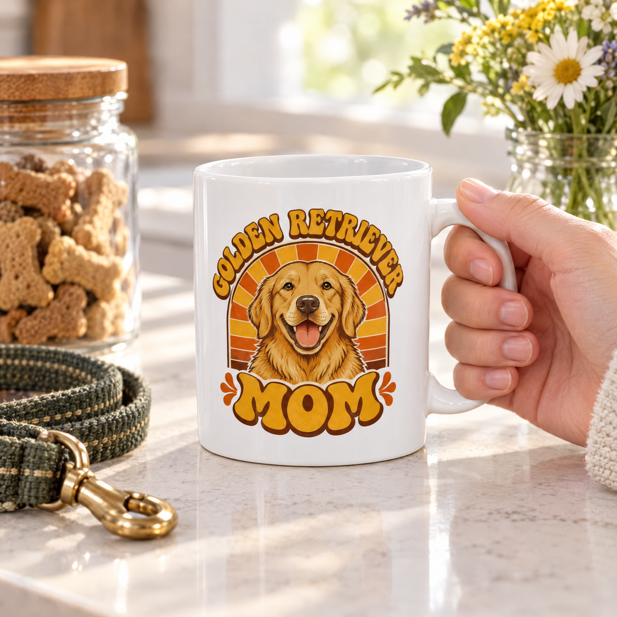 Golden Retriever Mom mug on a kitchen counter with a dog treat jar and leash