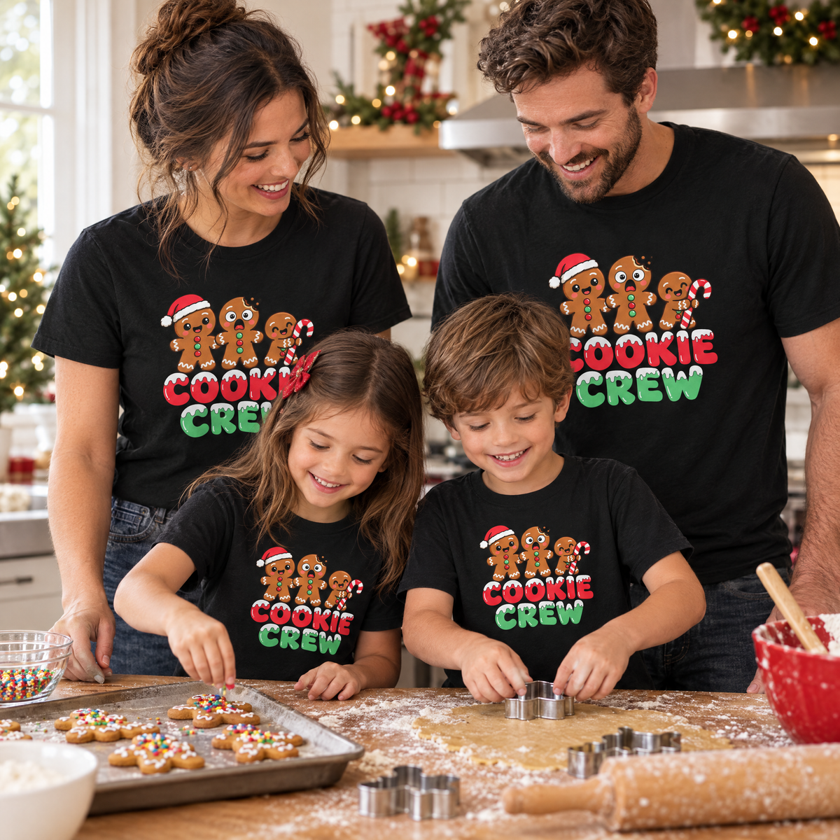 Family in matching Cookie Crew Christmas tees baking gingerbread cookies together