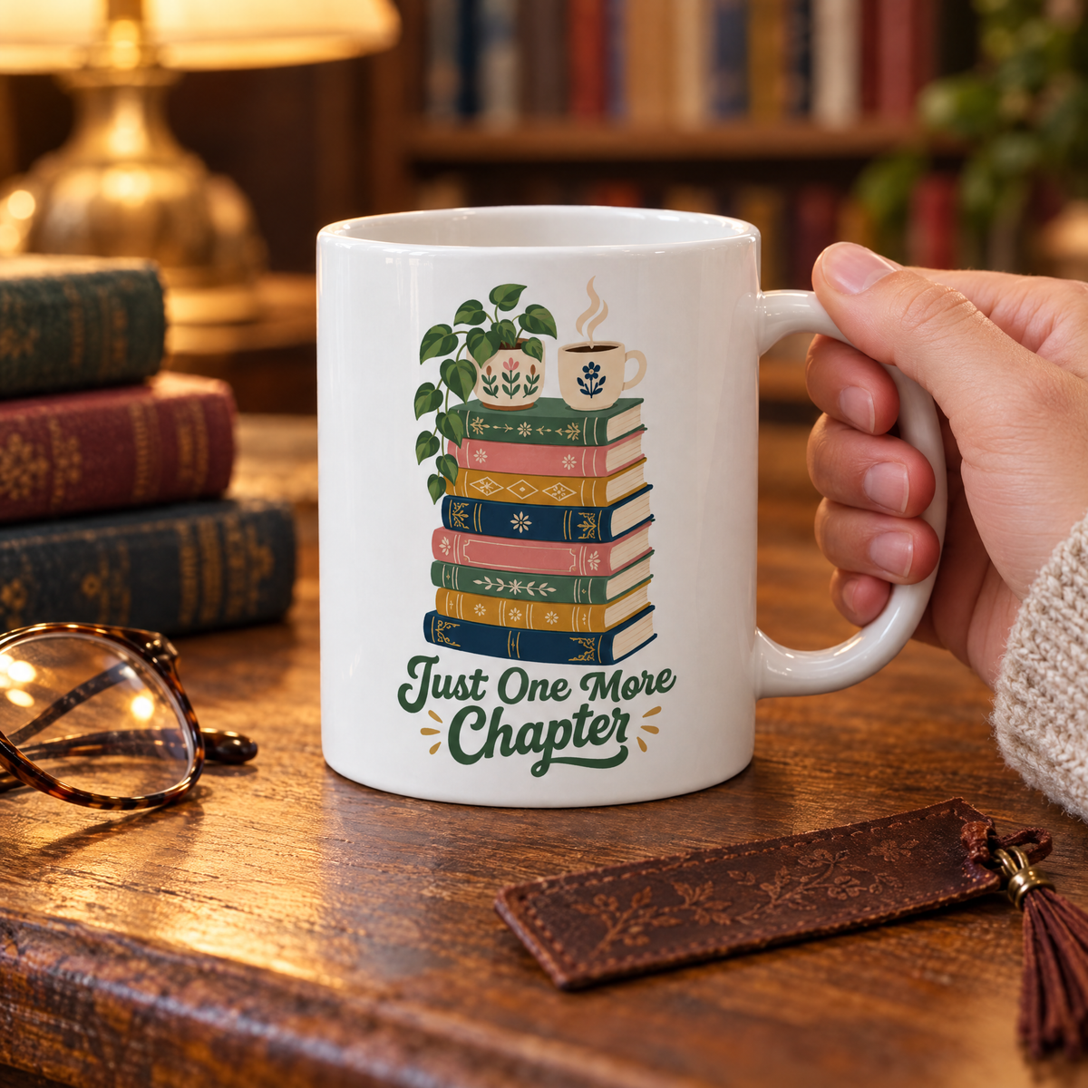 Close-up of the Just One More Chapter mug on a library table with reading glasses and a leather bookmark