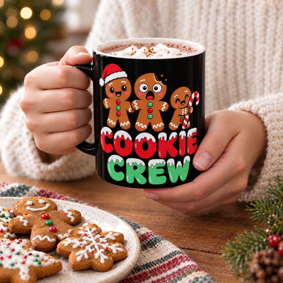 Hands holding the black Cookie Crew gingerbread mug of hot cocoa beside gingerbread cookies