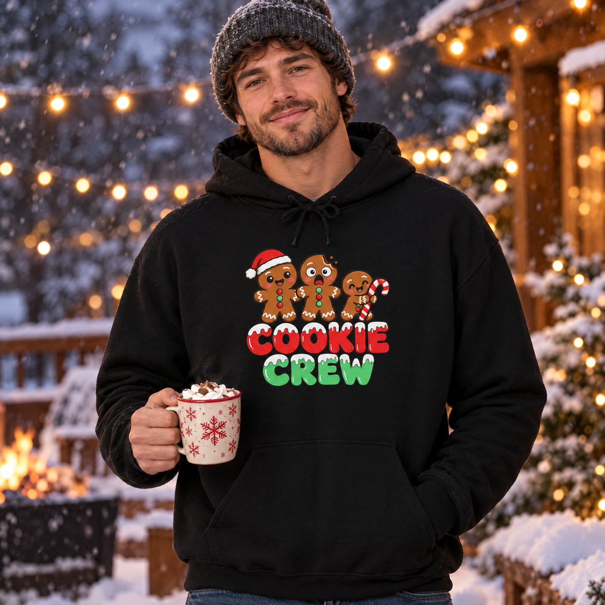 Man wearing the Cookie Crew gingerbread hoodie with hot cocoa on a snowy evening