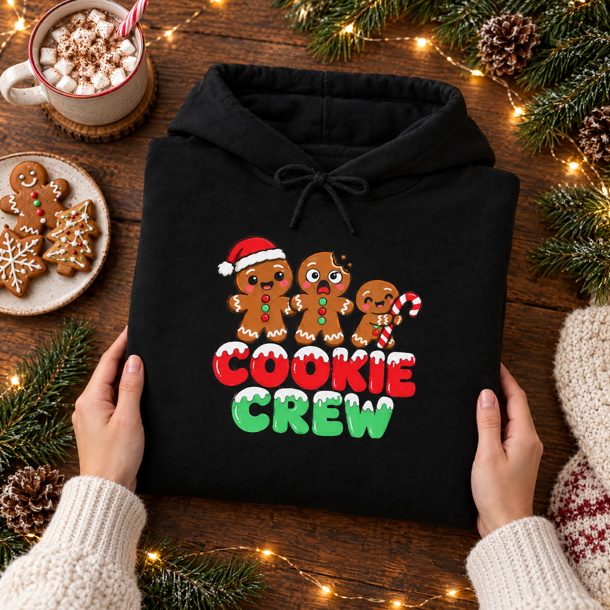 Cookie Crew hoodie folded flat lay with hot cocoa, gingerbread cookies and fairy lights