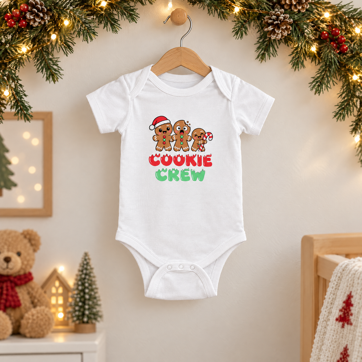 Cookie Crew baby bodysuit on a wooden hanger in a nursery decorated for Christmas