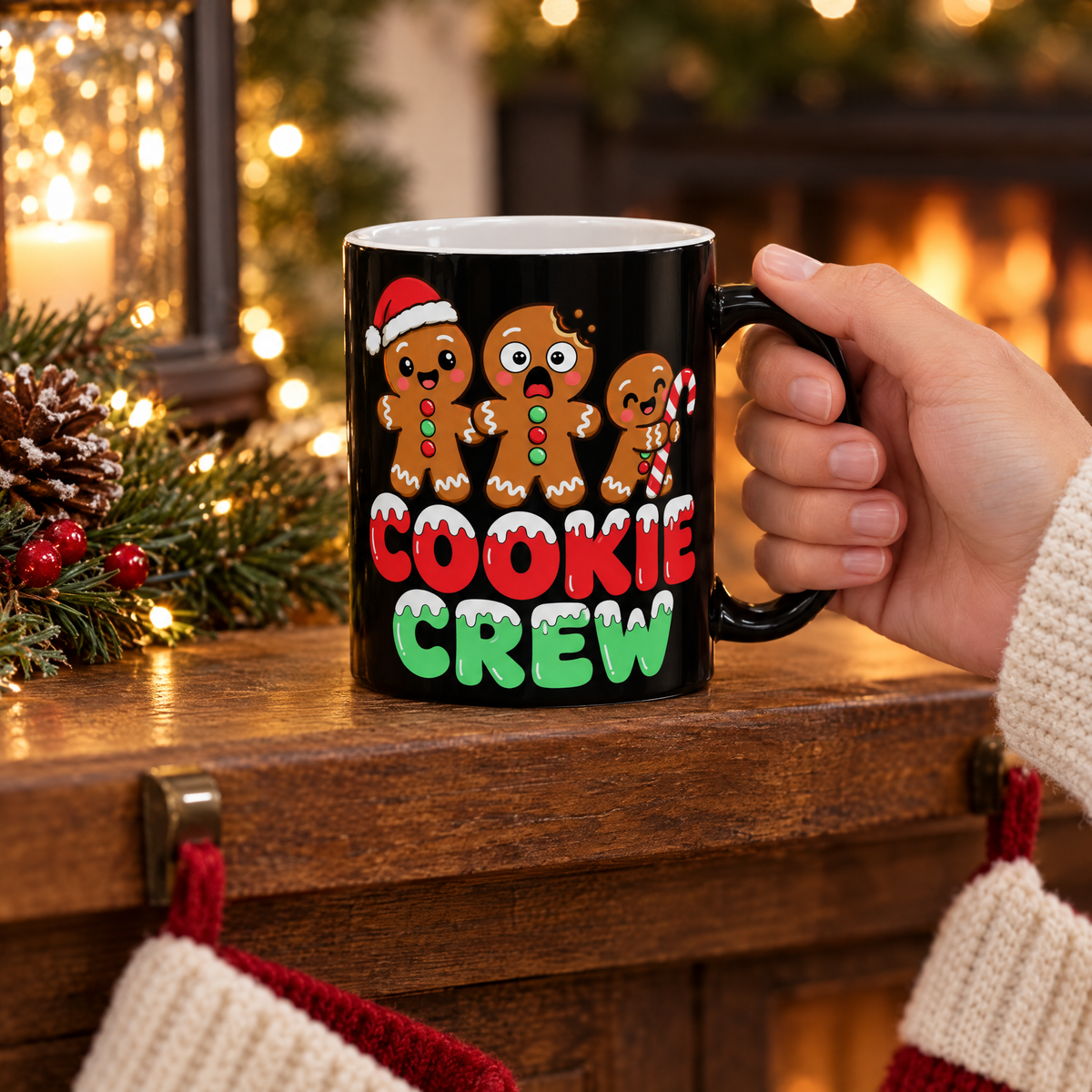Cookie Crew mug on a fireplace mantel with knit Christmas stockings