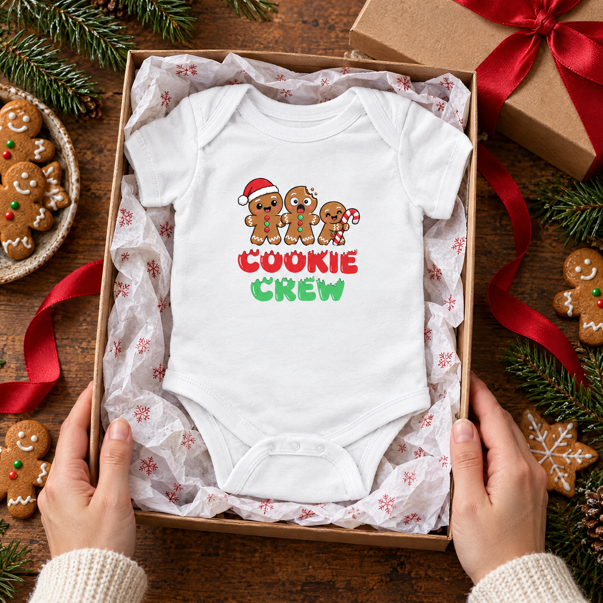 Cookie Crew baby bodysuit in a gift box with tissue paper, ribbon and gingerbread cookies