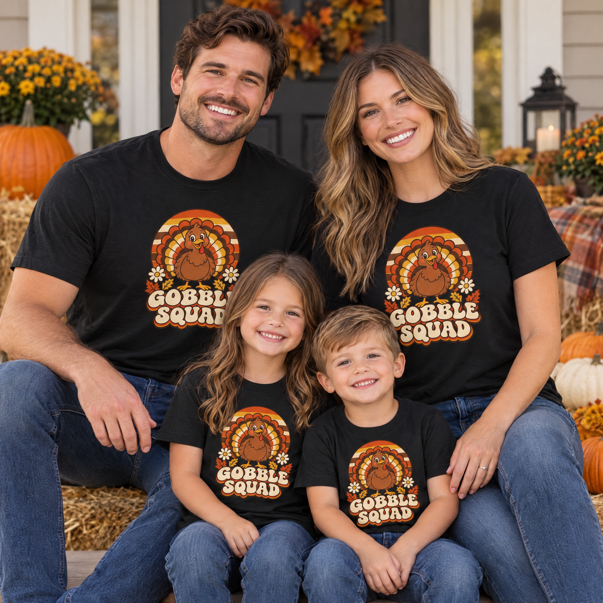 Family wearing matching black Gobble Squad turkey tees on an autumn porch with pumpkins