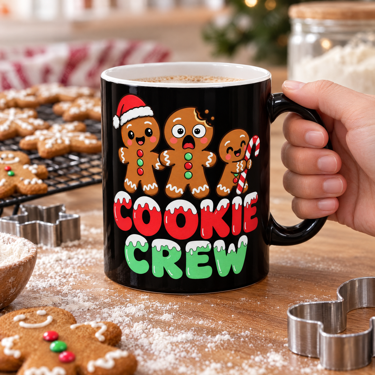 Cookie Crew mug on a kitchen counter with gingerbread cookies cooling and cookie cutters