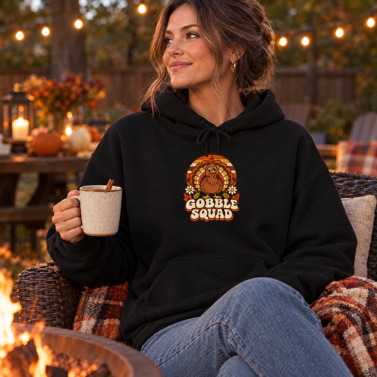 Woman wearing the Gobble Squad turkey hoodie by a backyard fire pit with cider