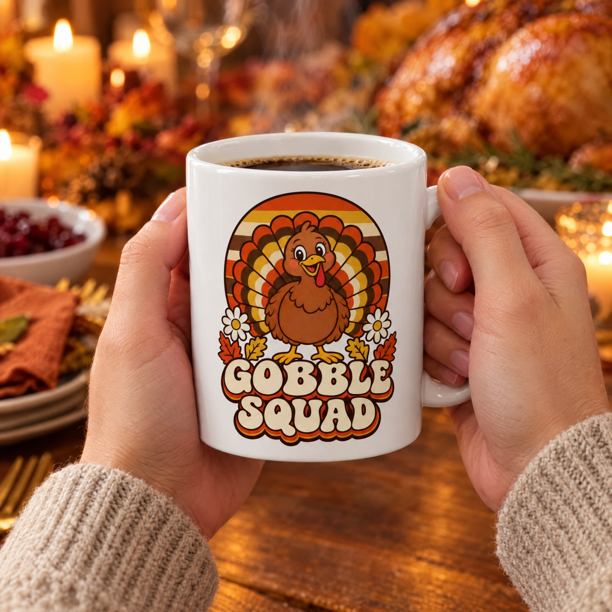 Hands holding the Gobble Squad turkey mug of coffee at a Thanksgiving dinner table