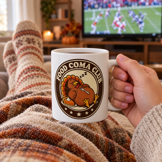 Food Coma Club mug held on the couch after Thanksgiving dinner with cozy socks and football on TV